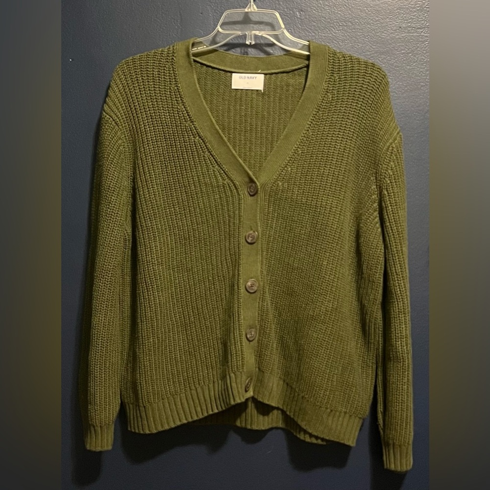 Old Navy Green Cardigan Sweater V-Neck Chunky Knit